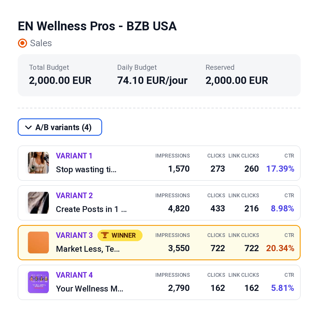 Résultats de la campagne publicitaire BestZenBuddy aux États-Unis et comparaison de quatre variantes