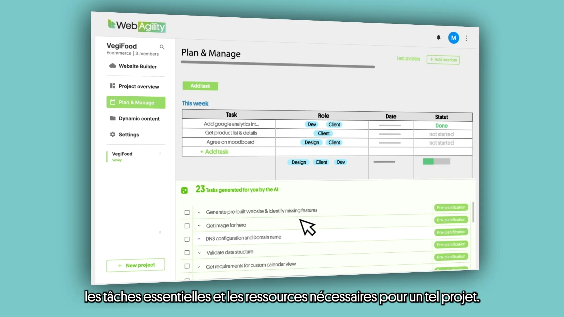 Tutoriel Web Agility montrant la planification des tâches générées par intelligence artificielle